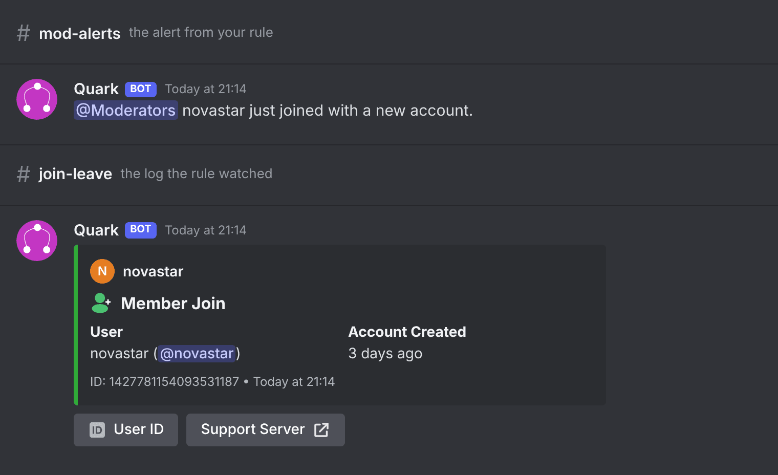 An alert in #mod-alerts from a Quark rule, pinging the Moderators role when an account under 7 days old joins, above the Member Join log