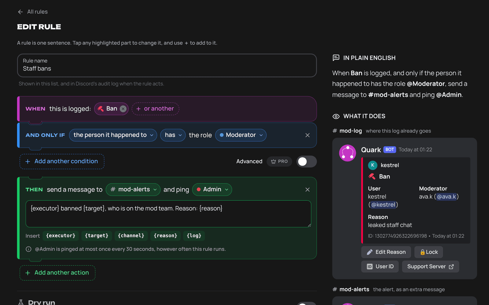 The Automations rule builder, with a rule that alerts #mod-alerts when someone with the Moderator role is banned